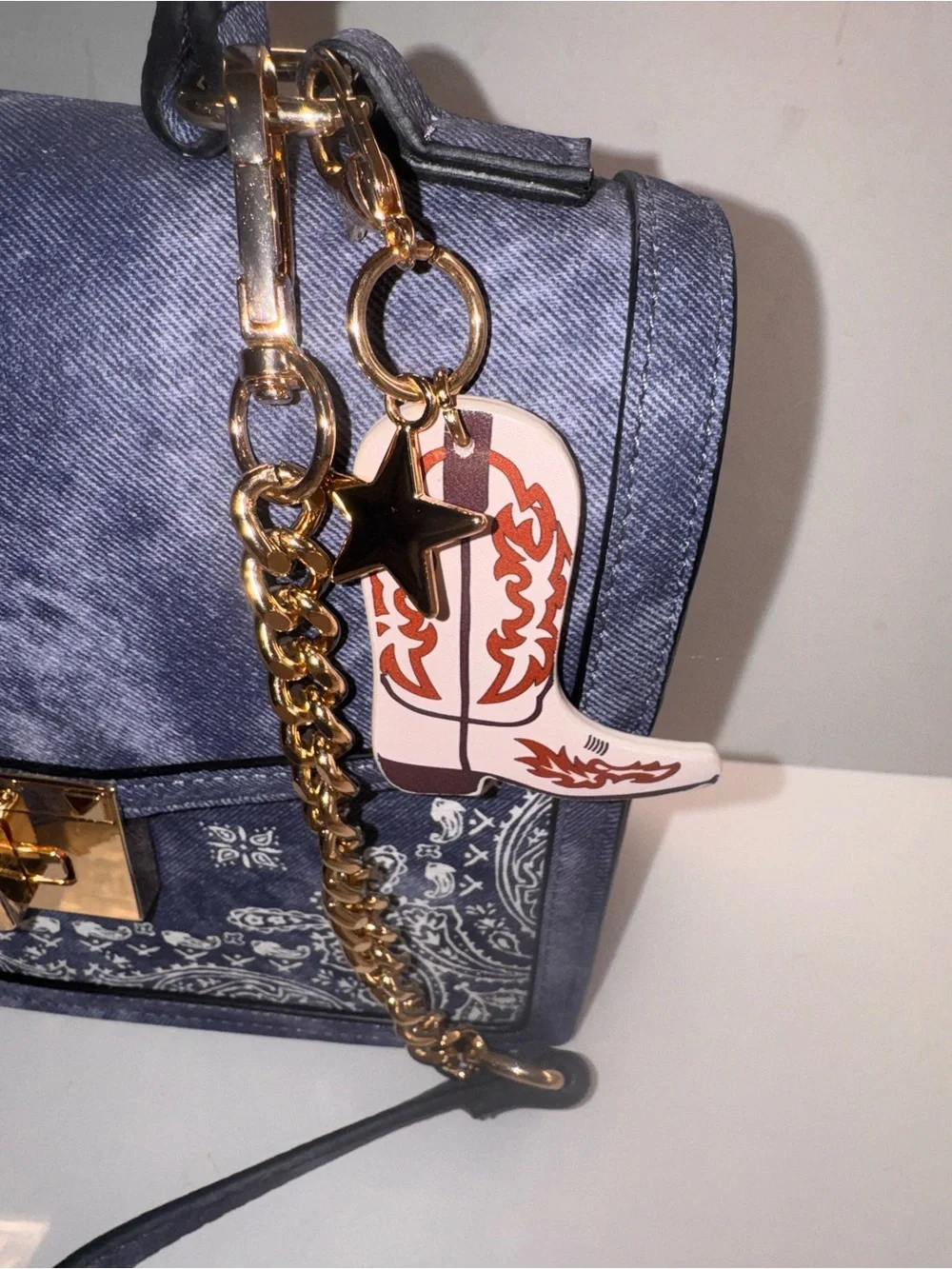 ALDO Denim Look Bandana Print Top Handle Crossbody Satchel Cowboy Boot Charm NWT - Picture 4 of 11
